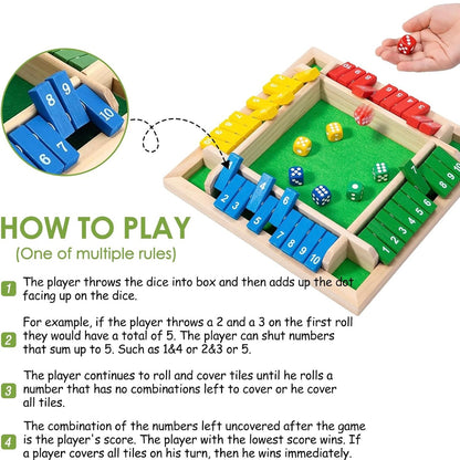 Shut The Box Game 4 Player Classics Dice Game Family Wooden Board Games Table Math Entertainment 8 Dices For Classroom,Home,Party