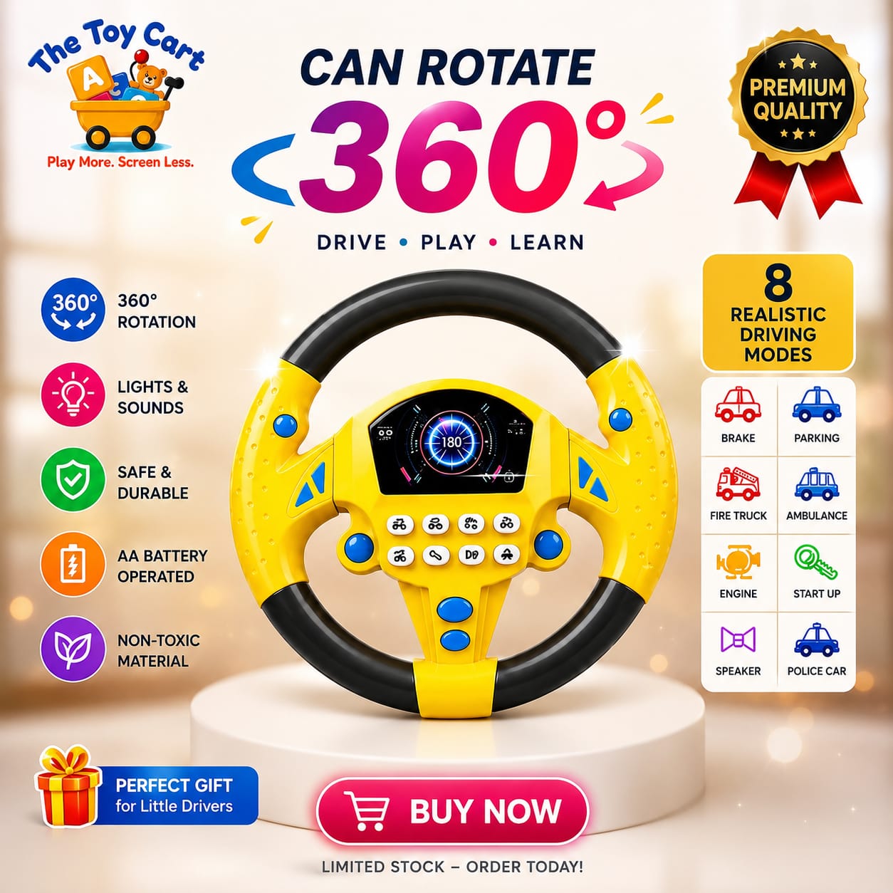 Kids Musical Steering Wheel Toy with 360° Rotation, Light & Sound