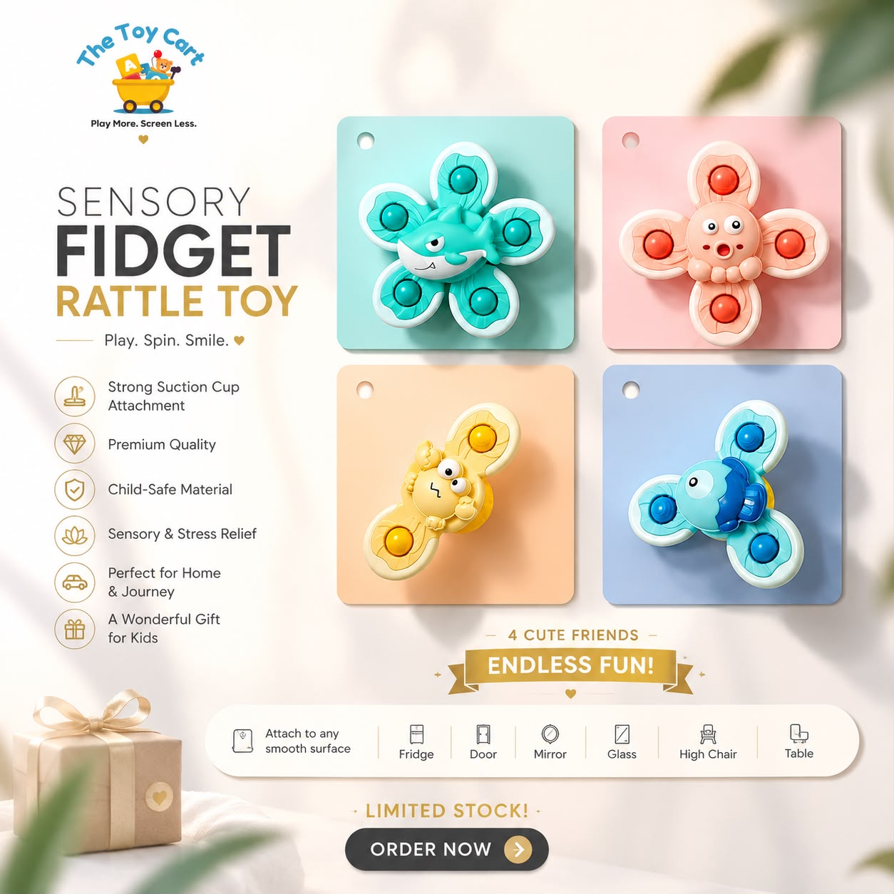 Sensory Fidget Rattle Toy with Strong Suction Cup for Babies & Kids