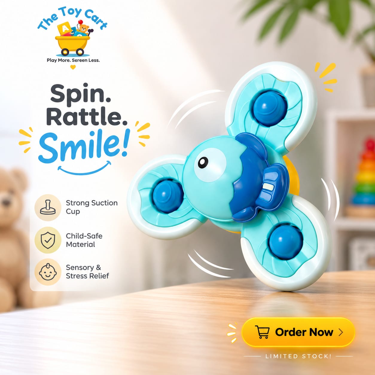Sensory Fidget Rattle Toy with Strong Suction Cup for Babies & Kids