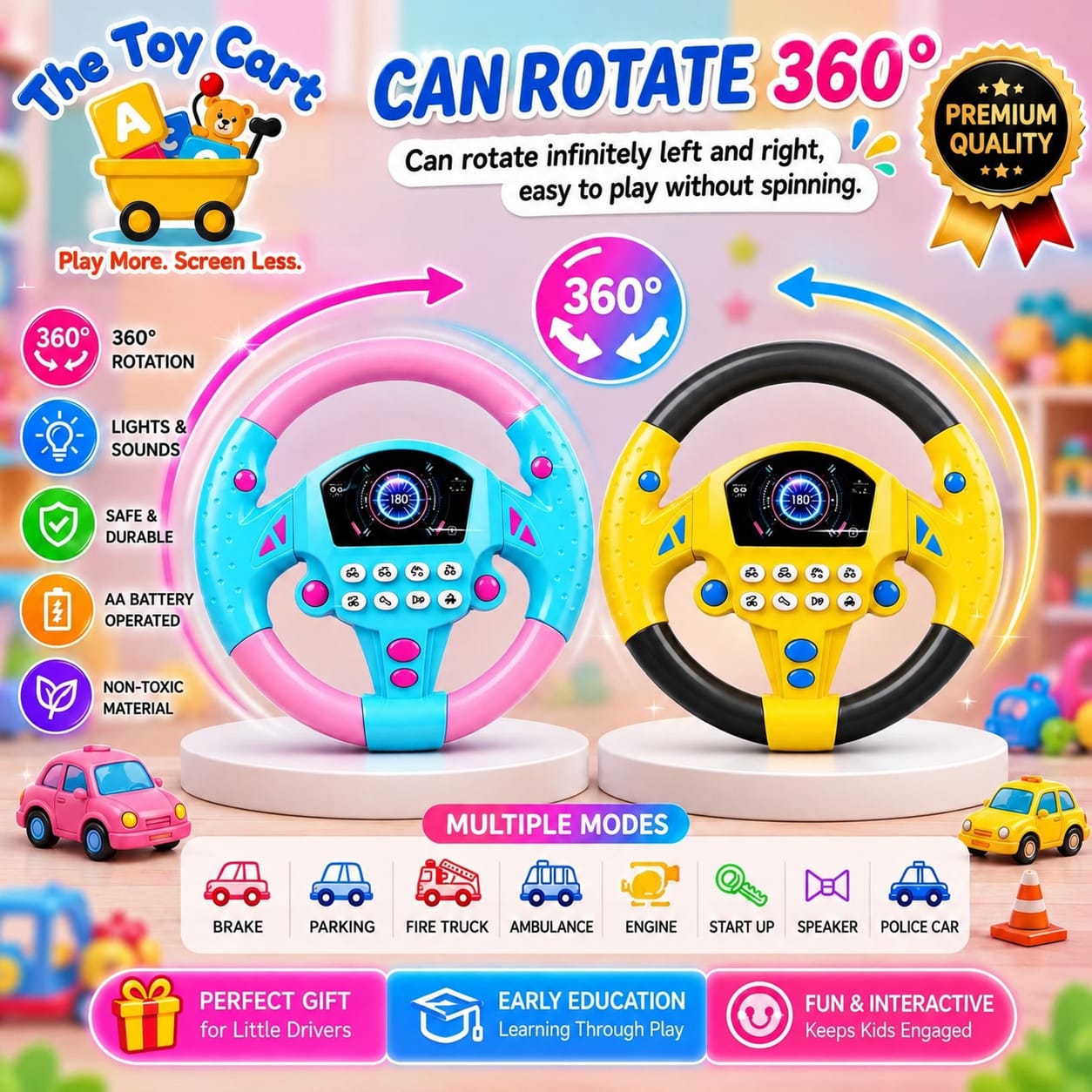 Kids Musical Steering Wheel Toy with 360° Rotation, Light & Sound